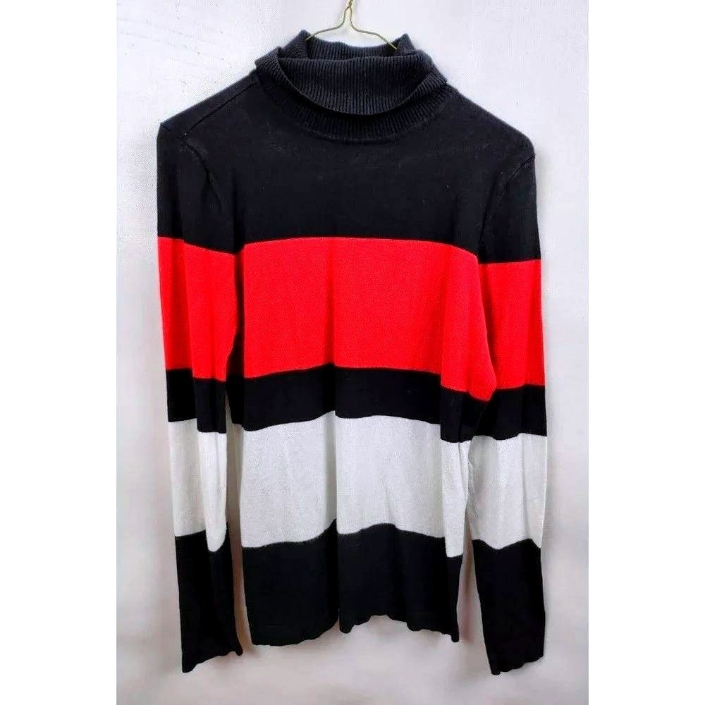 INC International Concepts Turtleneck Sweater Womens L Black Red White Striped